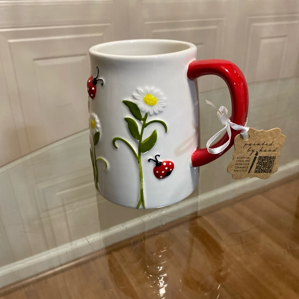 Beautiful Land Ladybug Garden Coffee Mug Hand Painted Lang Flower Floral..